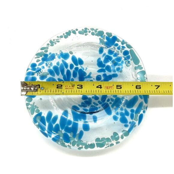 Hand Blown Art Glass Shallow Bowl Blue and Teal Speckled Swirl 6.5” Wide - Picture 5 of 10